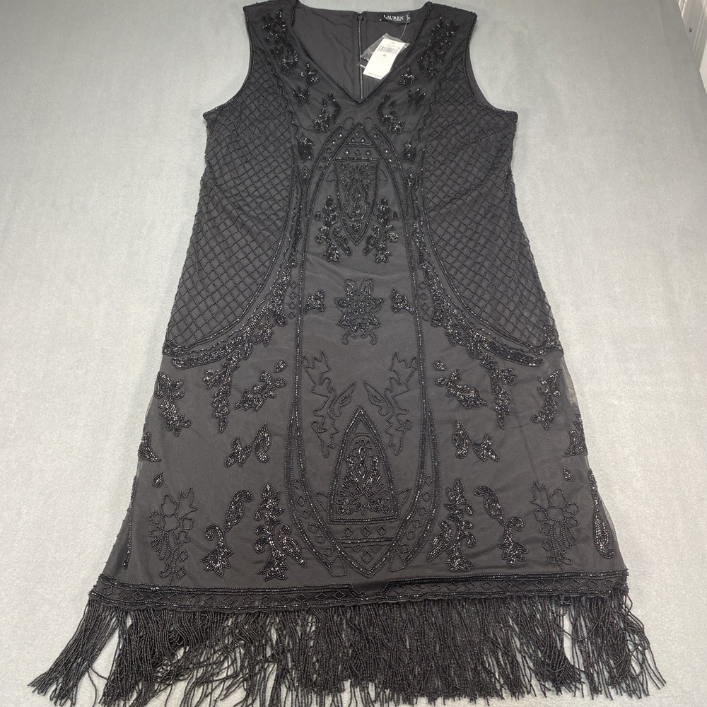 Lauren Ralph Lauren Black‎ Label Flapper Black Dress Beaded 16 Fringe Hem NWT - Picture 2 of 9